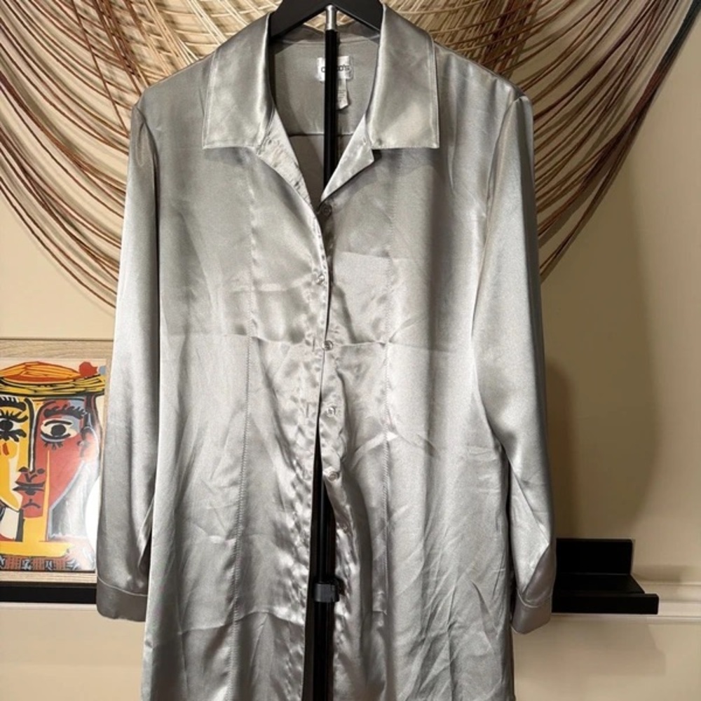 Silver Satin Button-Front Men’s Shirt